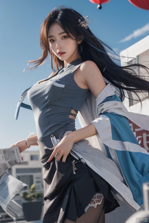  1girl, solo, long hair, looking at viewer, skirt, shirt, standing, jacket, blue shirt, light blue hair, newspaper, newspaper wall, lips, wall, gray wall, newspaper are covered with walls, put one hand in pocket, body close to the wall, sleeves past wrists, grey eyes, red lips, mjuanlian, (/qingning/), (\ji jian\), (/qingning/), babata, (\shen ming shao nv\), mtianmei, depth of field, pf-hd