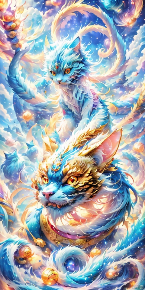  Round and rolling, not a cat, cute,Tuanzi,masterpiece,best quality,binary code, particle_effect, transparent, A living body of code,colorful,highest detailed,realistic anime art style, 2D ConceptualDesign, cat, fazhen, Sky Fantasy, long, (\shen ming shao nv\)