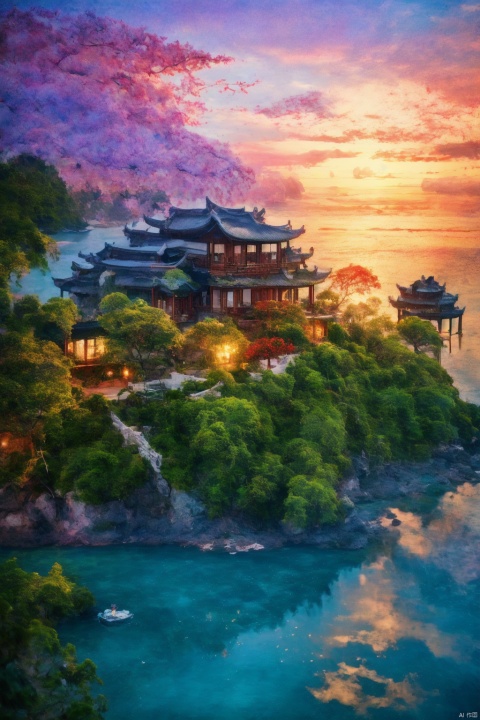 The sea, winding mountain roads, shells, beaches, coconut groves, sunset, cars, dusk, whales leaping out, gjz, ancient architecture, scenery wallpaper, watercolor \(medium\), Xiuxian Sect