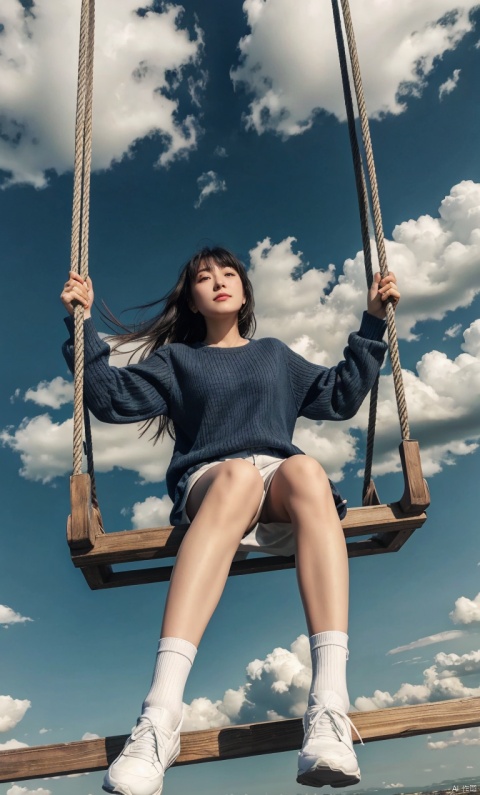  1girl,solo,sitting,sky,clouds,outdoors,black hair,bird,blue sky,white socks,daytime,building,long sleeves,long hair,playing on the swing,bangs,cloudy sky,wide_shot,hand between legs,