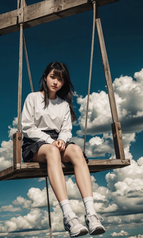 1girl,solo,sitting,sky,clouds,outdoors,black hair,bird,blue sky,white socks,daytime,building,long sleeves,long hair,playing on the swing,bangs,cloudy sky,wide_shot,hand between legs,