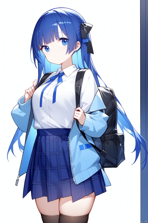 1girl, backpack, bag, bangs, blue_hair, blunt_bangs, breasts, jacket, kneehighs, long_hair, looking_at_viewer, pleated_skirt, ribbon, shirt, skirt, solo, white_legwear, white_shirt