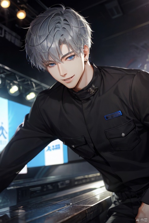 Boy, solo, looking at the audience, short hair, bangs, blue eyes, silver hair, hair between eyes, whole body, smiling mouth, happy, male focus, lips, eyelashes, close-up, realistic, upper body, full body appearance, Osborn, jijianchahua, sboe