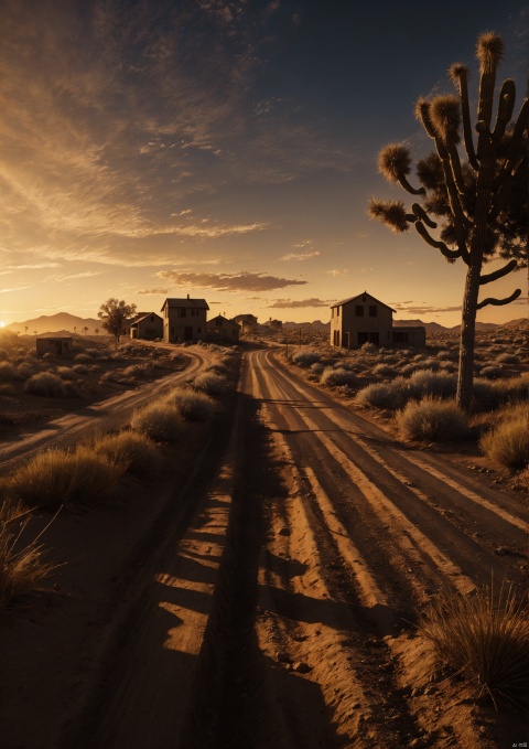  Masterpieces, high-quality, high-definition, 8k, cinemagraph,Red Dead Redemption, American West, dusk, desert, drought, sunset, tumbleweeds, wilderness, buildings, road
