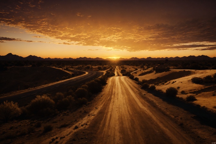  Masterpieces, high-quality, high-definition, 8k, cinemagraph,Red Dead Redemption, American West, dusk, desert, drought, sunset, tumbleweeds, wilderness, buildings, road