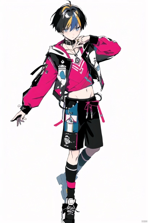  Masterpieces, high-quality, solo,full_body,looking at viewer,1 boy, androgyny,teenager, red clothes, navel-baring outfit,black clothes, mixed color clothes, colorful clothes,short shorts,exquisite clothes, collar, leather leg rings, simple background, white background, monochrome background, yinyou, 1male