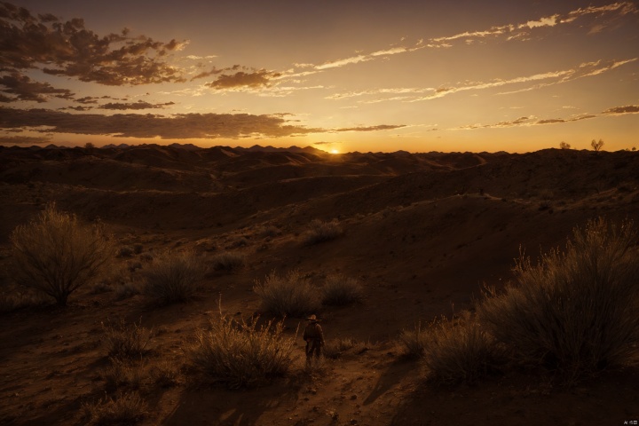 Masterpieces, high-quality, high-definition, 8k, cinemagraph,Red Dead Redemption, American West, dusk, desert, drought, sunset, tumbleweeds, wilderness, (buildings: 0.8), 