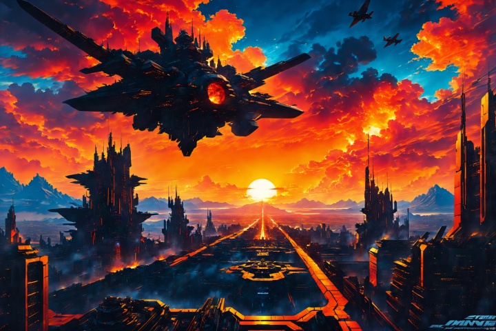  Masterpiece, high quality,anime, cityscape,pedestrian, sunset, burning clouds, wild,mountains,mechanical fortress, turrets, airplanes,science fiction, panorama, horizon, aircraft,Magnificent,