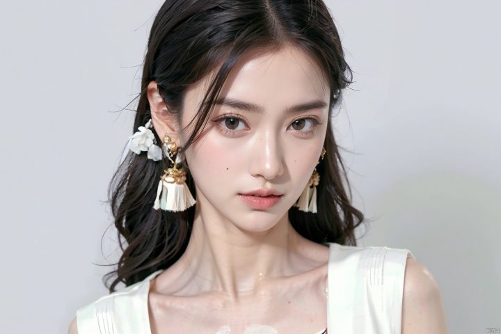 1girl, solo, long hair, （looking at viewer:1.6), smile, simple background, Gray hair, hair ornament, white background, jewelry, closed mouth, upper body, earrings, makeup, chinese clothes, red lips, tassel earrings, dress suit, realistic,Look at the camera,性感嘴唇,Gray hair