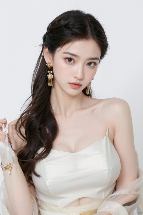  1girl, solo, long hair, （looking at viewer:1.6), smile, simple background, Gray hair, hair ornament, white background, jewelry, closed mouth, upper body, earrings, makeup, chinese clothes, red lips, tassel earrings, hanfu, realistic,Look at the camera,