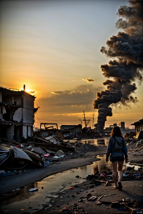  War, burning buildings, dusk, broken buildings, 1 girl, messy hair, stains, many colorful hydrogen balloons in hand, tattered clothes, barefoot stepping on sewage, long shots, people in focus, huge warplanes hovering in the sky,