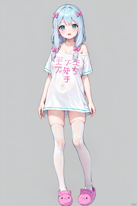  masterpiece, bestquality, Izumi Sagiri, 1girl, solo, long hair, blue eyes, blue hair, hair bow, pink bow, Extra-large t-shirt, (Open the neckline), collarbone, Half-exposed breasts, off shoulder, standing,huge boobs，simple background，full-length photo，white stockings，Long legs，Royal sister, royal sister, royal sister，sole，Cartoon slippers，happy