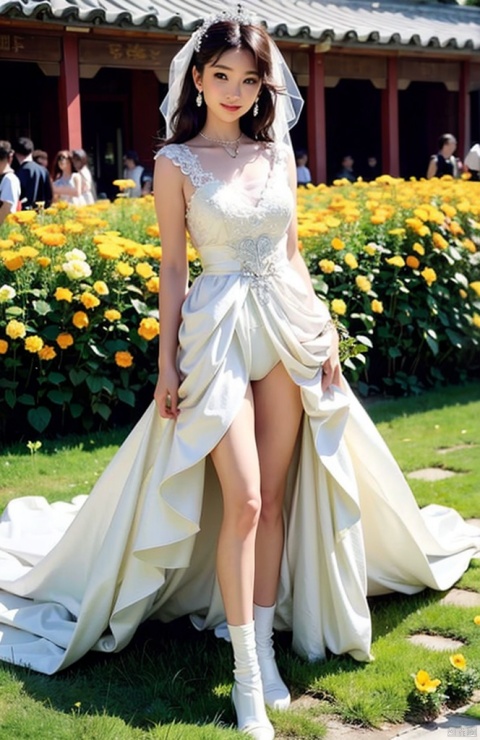 1girl,(full-body_portrait),ancient_chinese_architecture, flower field,(photorealistic:1.4), official art, unity 8k wallpaper, ultra detailed, beautiful and aesthetic, masterpiece,best quality, glowing skin, romanticism depth of field exotic_dance,（high angle view),Full length shot,masterpiece, best quality, highres, (photorealistic:1.4), earrings, (depth of field:1.1), 1 girl, (wavy hair:1.2), (solo:1.1), (looking at viewer:1.2), (smile:1.35), (full body:1.5), (boots:1.1), (panties:1.25), (catwalk:1.45), (wedding dress:1.4), (mountainous horizon:1.5),