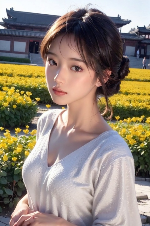 1girl,(full-body_portrait),ancient_chinese_architecture, flower field,(photorealistic:1.4), official art, unity 8k wallpaper, ultra detailed, beautiful and aesthetic, masterpiece,best quality, glowing skin, romanticism depth of field exotic_dance,（high angle view),Full length shot
