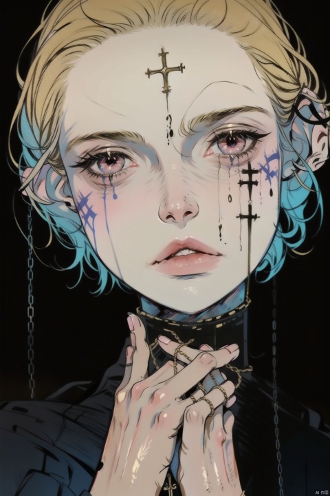 qzsx, 1boy,solo, red eyes, bug, butterfly, cross, necklace, jewelry, parted lips, Short blonde hair over the ears, habit, looking at viewer, portrait, blonde hair, lips,black background, facial mark, chain of crosses wrapped around hands,bust,hands
