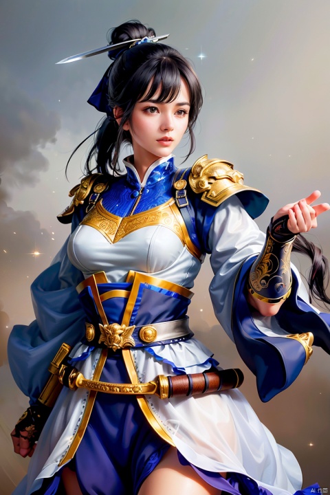  high definition, (High quality, High resolution, Fine details), Realistic, solo, 1girl,male focus,white armor,long hair, blue eyes, ponytail,bangs, long legs,looking at viewer,serious face,anger,High quality, , black hair, holding, weapon, sword, bun, holding weapon, holding sword, , fighting stance, close mouth(High quality, High resolution, Fine details), Realistic, simple background,solo, curvy women, sparkling eyes, (Detailed eyes:1.2), Oily skin, Dramatic Shadows, pajama,HARMOUR, SGZ2, BY MOONCRYPTOWOW