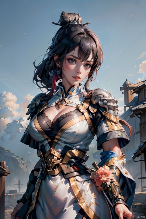  high definition, (High quality, High resolution, Fine details), Realistic, solo, 1girl,male focus,white armor,long hair, blue eyes, ponytail,bangs, long legs,looking at viewer,serious face,anger,High quality, , black hair, holding, weapon, sword, bun, holding weapon, holding sword, , fighting stance, close mouth(High quality, High resolution, Fine details), Realistic, simple background,solo, curvy women, sparkling eyes, (Detailed eyes:1.2), Oily skin, Dramatic Shadows, pajama,HARMOUR, SGZ2, BY MOONCRYPTOWOW