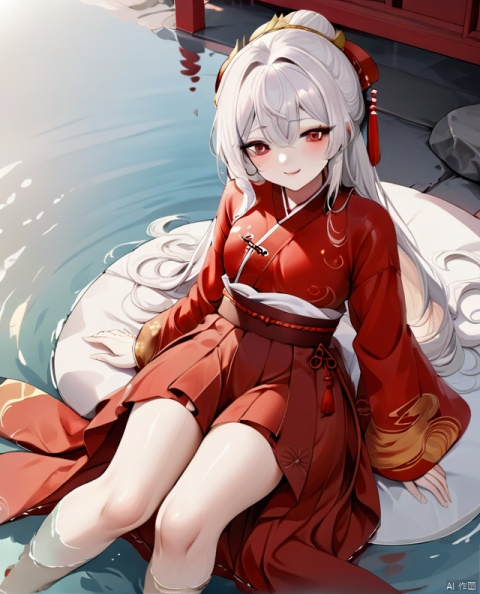 (best quality),(masterpiece),[iumu],[Sheya],[Artist chen bin],1girl,full body,long hair,(red hanfu),Han Chinese Clothing,wide skirt,gauze skirt,sea,Sitting in the water,light smile,detail fingers,blush,loli