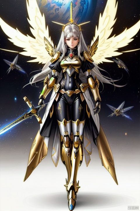  Angel mecha, gold and silver color matching, cross sword, female body, detail description, Cyberpunk, whole body mecha, dream, planet, galaxy, oriental fantasy.