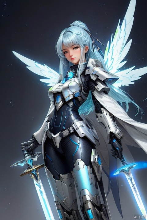  Angel, mecha, blue-silver color scheme, light blue hair, sword, female body, detailed description, Cyberpunk, fantasy, planet, galaxy, oriental fantasy, broken galaxy, facial detail description.