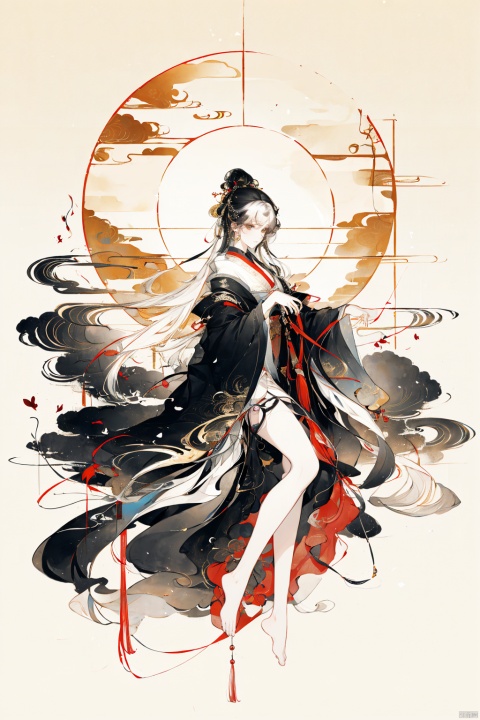  A girl, full-body photo, indoor, Hanfu, long hair fluttering, classical beauty, Chinese style.,Long legs,Show long legs,Golden Hanfu, bright and shining,((white hair)),((Bare legs)),((barefoot)),((Solid color background)),Xiangyun, China Cloud, Ink scattering_Chinesestyle
女，黑色，蓝色，古装，立绘，站着，青铜器，白发，微笑，长裙，青铜器花纹，正面，鹤