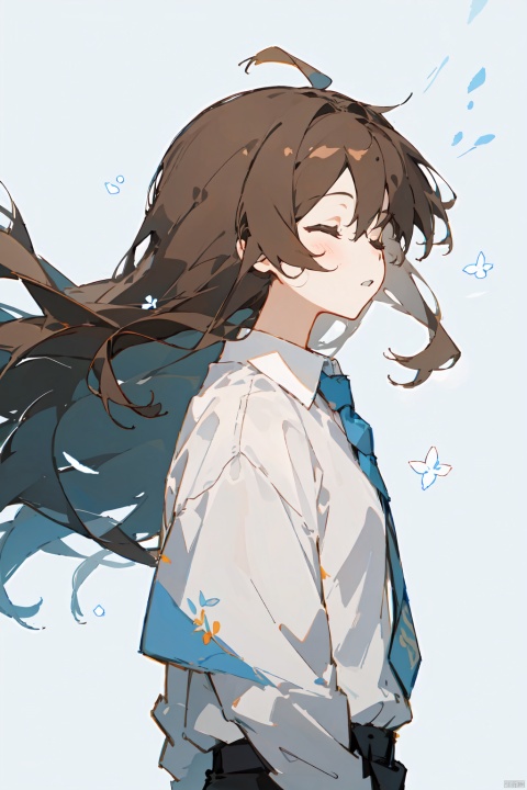  1girl, solo, long hair, brown hair, shirt, closed eyes, white shirt, upper body, parted lips, sky, collared shirt, from side, floating hair, blue background, wind
女，荷叶，绿色，古装，站着，青铜器，黑发，微笑，长裙，青铜器花纹