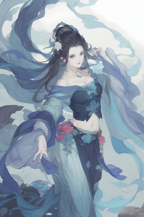  1girl, solo, long hair, breasts, skirt, black hair, hair ornament, long sleeves, navel, cleavage, medium breasts, flower, midriff, hair flower, water, crop top, see-through, white skirt, long skirt, underwater, girl, illustration, (masterpiece, best quality:1.2), gchf，女，荷叶，绿色，古装，立绘，站着，青铜器，黑发，微笑，长裙，青铜器花纹，正面