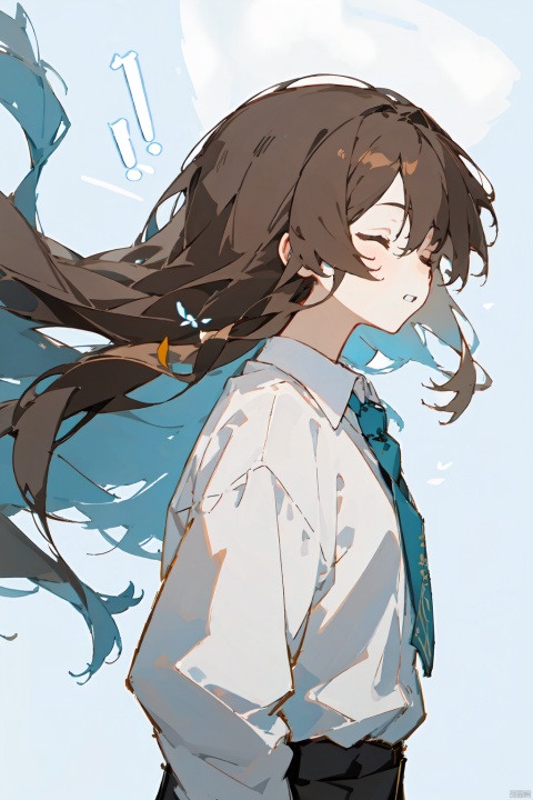  1girl, solo, long hair, brown hair, shirt, closed eyes, white shirt, upper body, parted lips, sky, collared shirt, from side, floating hair, blue background, wind
女，荷叶，绿色，古装，站着，青铜器，黑发，微笑，长裙，青铜器花纹