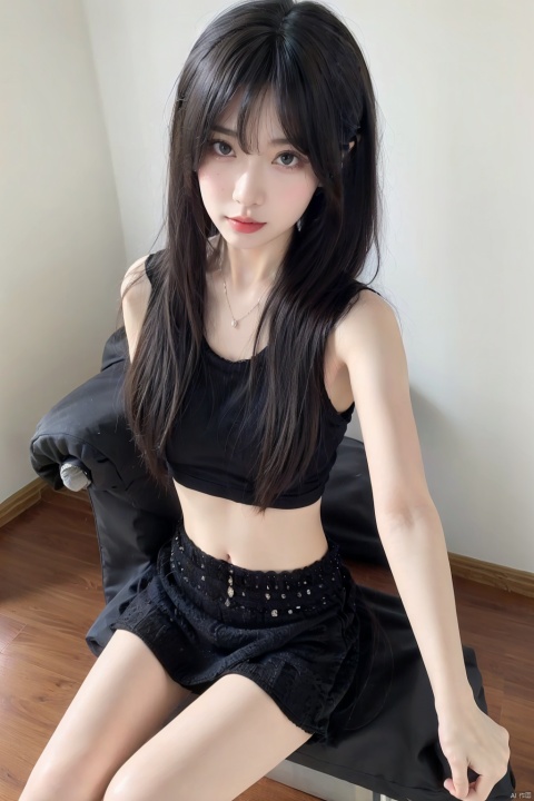  1girl,skinny,fair_skin,black hair,collarbonea,bare shoulders,chest,navel,taut_shirt,lace-trimmed_skirt,socks,