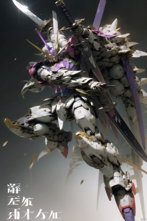  solo, weapon, Japanese text, no humans, robot, mecha, science fiction, realistic GUNDAM,model aging,Edge wear,battle wear, destoryMode,whole body,Samurai sword,Purple all over, SRS, Gundam, freedom,cut,Chop