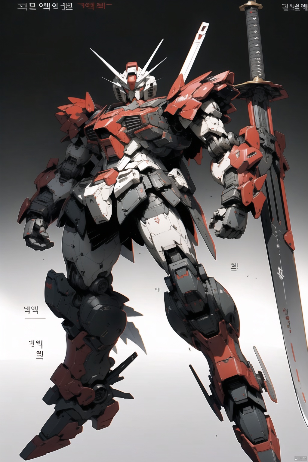  solo, weapon, Korean text, no humans, robot, mecha, science fiction, realistic GUNDAM,model aging,Edge wear,battle wear, destoryMode,whole body,Samurai sword,red all over, SRS,Flying posture