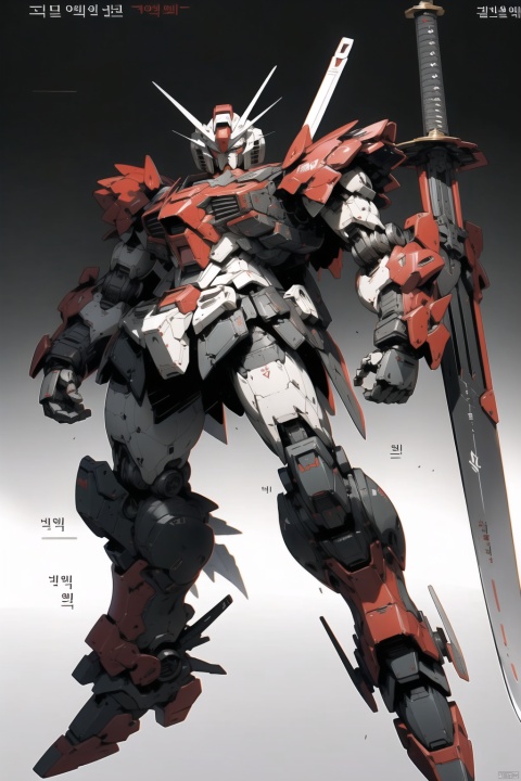  solo, weapon, Korean text, no humans, robot, mecha, science fiction, realistic GUNDAM,model aging,Edge wear,battle wear, destoryMode,whole body,Samurai sword,red all over, SRS,Flying posture