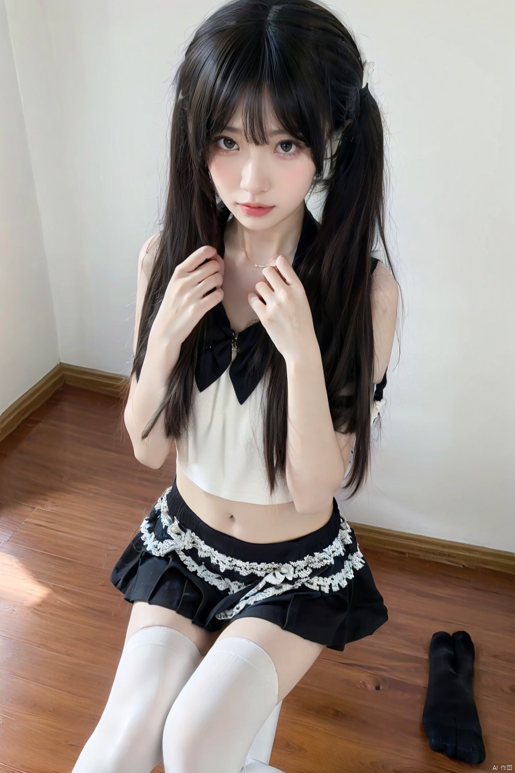  1girl,skinny,fair_skin,black hair,collarbonea,bare shoulders,chest,navel,taut_shirt,lace-trimmed_skirt,socks, white thighhighs