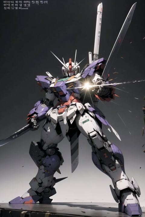  solo, weapon, Korean text, no humans, robot, mecha, science fiction, realistic GUNDAM,model aging,Edge wear,battle wear, destoryMode,whole body,Samurai sword,purple all over, SRS,shot, shot posture,attack,attack posture,Firing bullet,Firing bullet posture