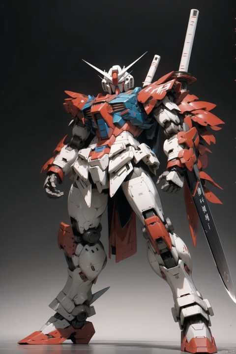  solo, weapon, Chinese text, no humans, robot, mecha, science fiction, realistic GUNDAM,model aging,Edge wear,battle wear, destoryMode,whole body,Samurai sword,red all over, SRS, Gundam, freedom,cut,Chop,Chinese element