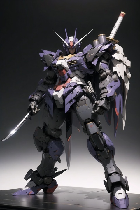  solo, weapon, Korean text, no humans, robot, mecha, science fiction, realistic GUNDAM,model aging,Edge wear,battle wear, destoryMode,whole body,Samurai sword,purple all over, SRS,fall, fall posture