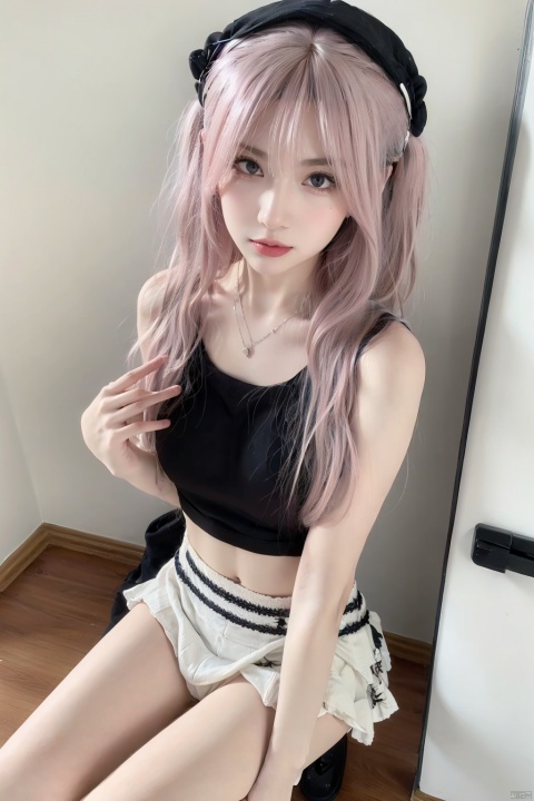  1girl,skinny,fair_skin,Pink hair,collarbonea,bare shoulders,chest,navel,taut_shirt,lace-trimmed_skirt,socks,