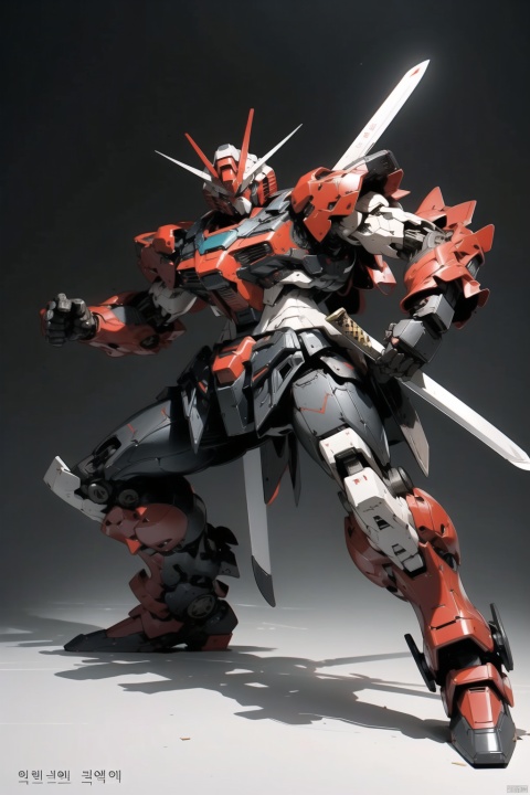  solo, weapon, Korean text, no humans, robot, mecha, science fiction, realistic GUNDAM,model aging,Edge wear,battle wear, destoryMode,whole body,Samurai sword,red all over, SRS,Kung fu moves