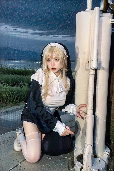  1gilr,nun,(masterpiece:1.3),(best quality:1.3),(photorealistic:1.4),realistic,4k,soft light,(((blonde hair))),(outdoors,beach,sea),full body,kneeling nsfw,milf,detail face,detail eyes,huge breasts,(white thighhighs,necklace),((nun skrit,romper)),((housemaid,black skirt))
