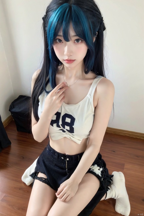  1girl,skinny,fair_skin,blue hair,collarbonea,bare shoulders,chest,navel,taut_shirt,lace-trimmed_skirt,socks,