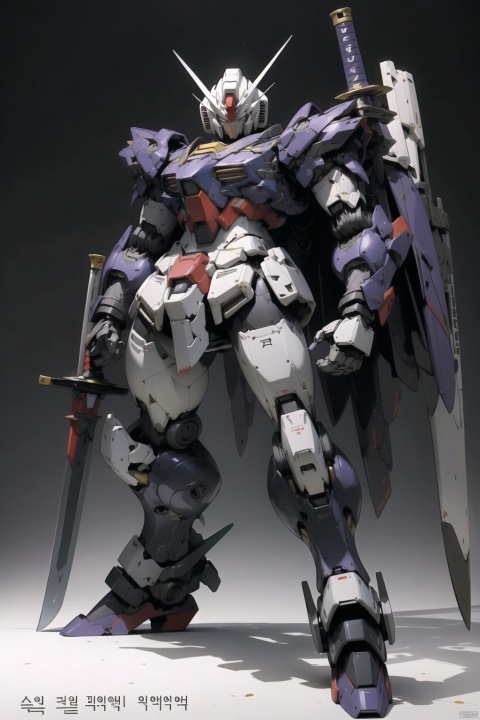  solo, weapon, Korean text, no humans, robot, mecha, science fiction, realistic GUNDAM,model aging,Edge wear,battle wear, destoryMode,whole body,Samurai sword,purple all over, SRS,surrender,surrender posture,Kneel down and surrender,Kneel down and surrender posture