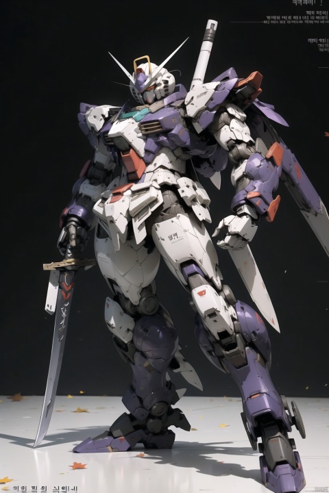  solo, weapon, Korean text, no humans, robot, mecha, science fiction, realistic GUNDAM,model aging,Edge wear,battle wear, destoryMode,whole body,Samurai sword,purple all over, SRS,fall over, fall over posture