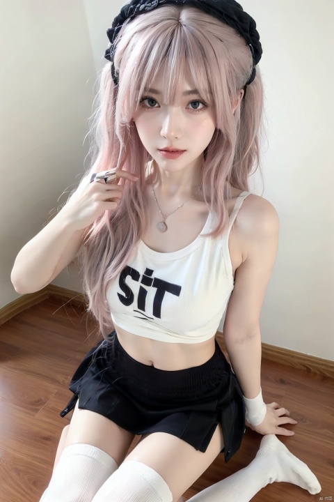  1girl,skinny,fair_skin,pink hair,collarbonea,bare shoulders,chest,navel,taut_shirt,lace-trimmed_skirt,socks,