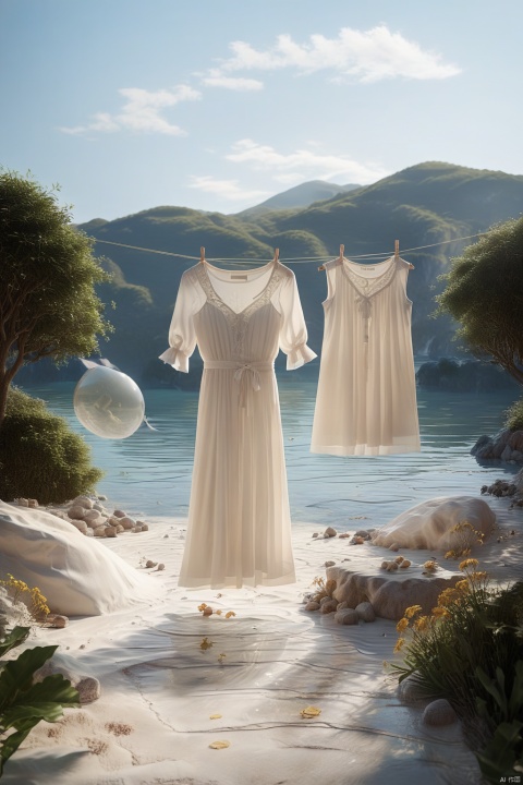 a white dress hanging on the clothesline fluttered in the wind,the sunny weather in wan li is clear, Villa