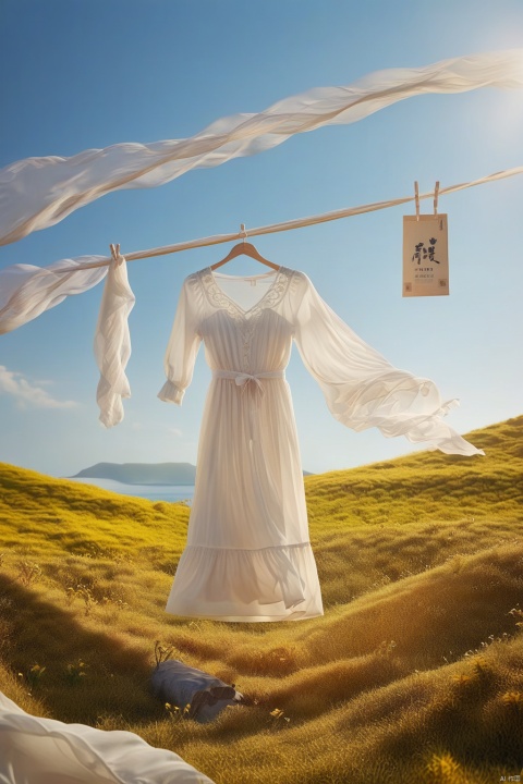  a white dress hanging on the clothesline fluttered in the wind,the sunny weather in wan li is clear,