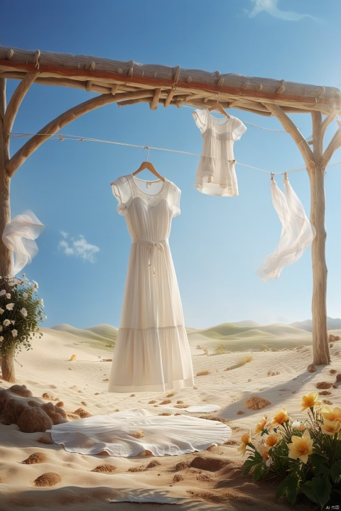 a white dress hanging on the clothesline fluttered in the wind,the sunny weather in wan li is clear,