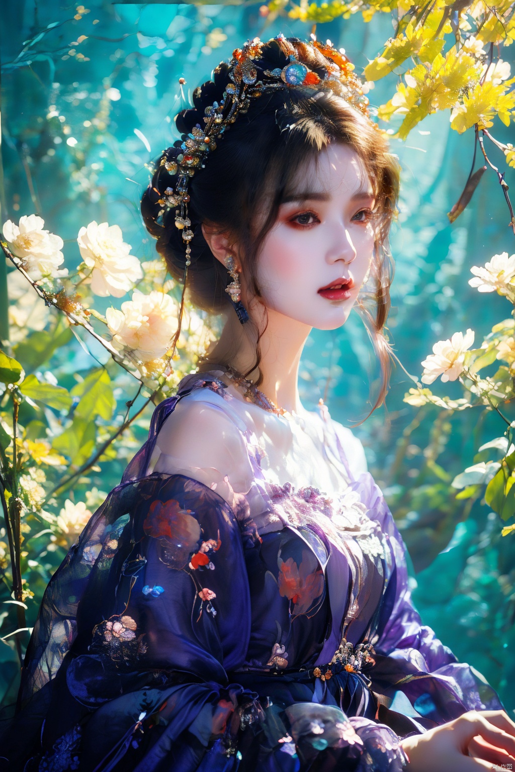  a woman in a purple dress with a flower crown on her head, guweiz, ((a beautiful fantasy empress)), artwork in the style of guweiz, beautiful anime portrait, palace , a girl in hanfu, digital anime illustration, beautiful anime style, a beautiful fantasy empress, anime illustration, anime fantasy illustration, beautiful character painting, trending on artstration, Add details, ((poakl)), 1girl