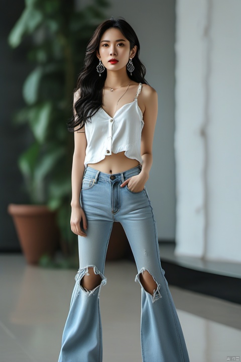 An Asian woman with a small waist, long legs, big black waves, big earrings, stilettos, white vest, blue ripped jeans, one hand in the pocket, one hand hanging down, real shot, 8K, full body shooting