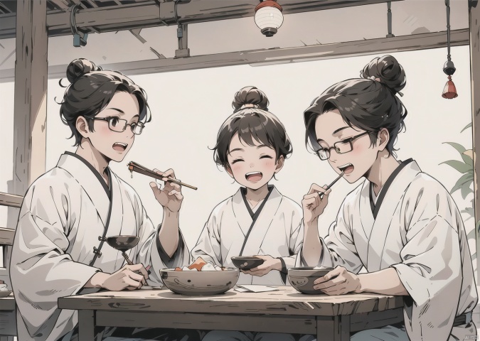 smile, short hair, open mouth, bangs, multiple girls, brown hair, shirt, black hair, hair ornament, long sleeves, 1boy, holding, sitting, closed eyes, :d, food, multiple boys, glasses, teeth, indoors, cup, 4girls, night, upper teeth only, eating, single hair bun, bottle, child, bowl, lantern, chopsticks, round eyewear, holding chopsticks, father and daughter, family, paper lantern