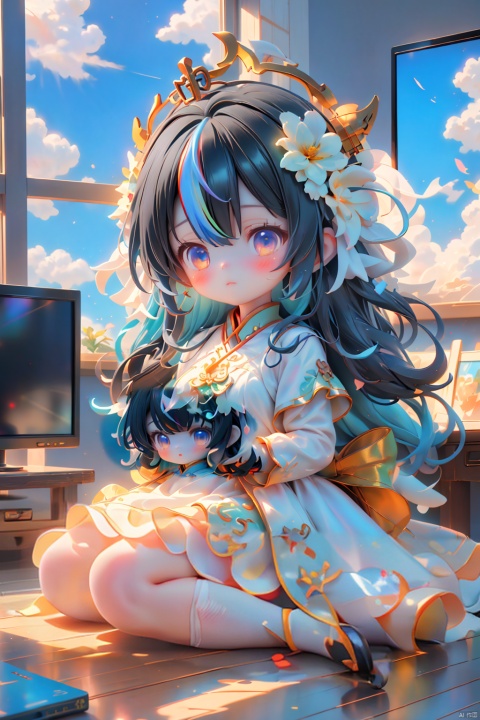  1girl, blue_flower, indoor,blue_sky, bouquet, breasts, black_hair, closed_mouth, cloud, day, dress, holding_controller, laurel_crown, long_hair, looking_at_viewer, Rainbow_eyes, sky, solo, sitting, very_long_hair, white_dress, white_flower, Computer,game, Television, Fan, (\ji jian\), shuiwa, hubg\(haixiaoqiong)\, ccip, chibigirl